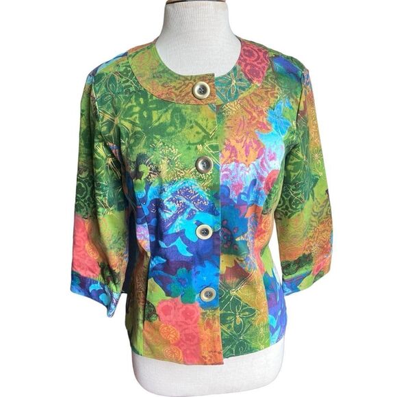 Coldwater Creek Size 8 Long Sleeve Floral Button Up Blazer Jacket Green Blue - Picture 1 of 6